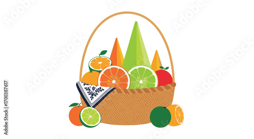 Abundant fresh citrus fruits and vegetables basket arrangement for healthy eating