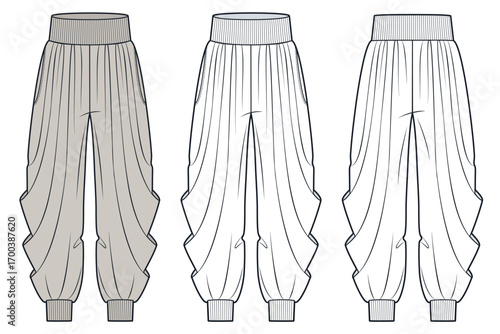 Harem Pants with elastic waistband and cuffs fashion flat sketch. Draped Pants fashion flat technical drawing template, loose fit, pocket, front, back view, white, beige, women, men, unisex CAD mockup