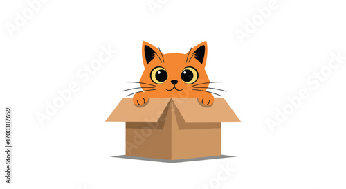 Adorable orange cat peeking out of a cardboard box with big eyes