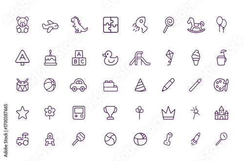 Toys and Kids Vector Icon Set, Teddy Bear, Dinosaur, Airplane, Puzzle, Rocket, Rocking Horse, Lollipop, Birthday, Playtime, Educational Fun, Childhood, Baby, Preschool, Creative Icons
