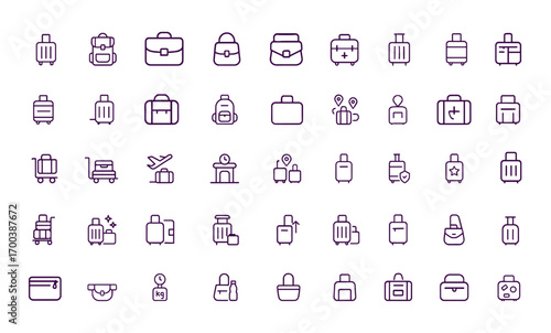 Luggage and travel icon collection, featuring suitcase, backpack, briefcase, purse, baggage, airport and station elements in outline style, linear stroke vector, editable design, holiday bag icons