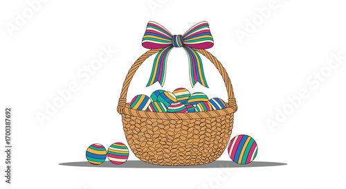 Colorful easter eggs and basket with festive bow for spring celebration decorations