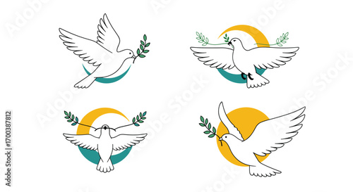 Collection of flying white doves symbolizing peace and hope with olive branches and circular ornate elements
