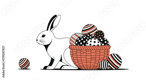 Cute easter bunny with basket full of decorated eggs for spring holiday celebration fun