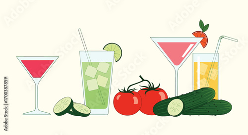 Refreshing summer cocktails featuring fresh garnishes of citrus and vegetables