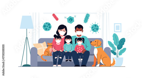 Family staying home safe inside during pandemic protecting themselves from viruses and bacteria with masks