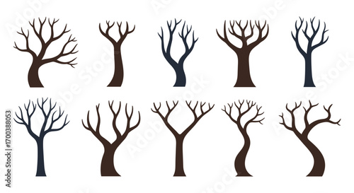 Collection of ten different bare winter trees silhouettes for artistic design and graphic elements
