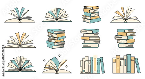 Collection of illustrated open books and stacks of literature representing knowledge and imagination