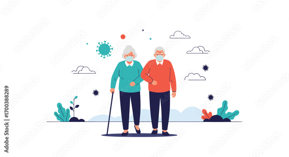 Fototapeta premium Elderly couple wearing protective masks walking together outdoors during a pandemic