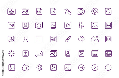 Photography Vector Icons Set, Camera, Photo, Picture, JPG, PNG, Digital Image Editing, Image Processing, Cropping, Shutter, Lens, Portrait, Landscape, Website, Mobile Design Tools