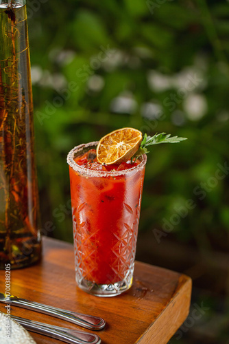 A classic Bloody Mary cocktail served in a crystal glass with salted rim, ice cubes, and garnished with a dried lime slice and fresh parsley, set on a wooden table.
