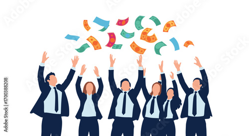Teamwork celebrates success showered with money and achieving financial goals together