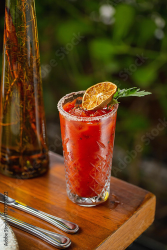 A classic Bloody Mary cocktail served in a crystal glass with salted rim, ice cubes, and garnished with a dried lime slice and fresh parsley, set on a wooden table.