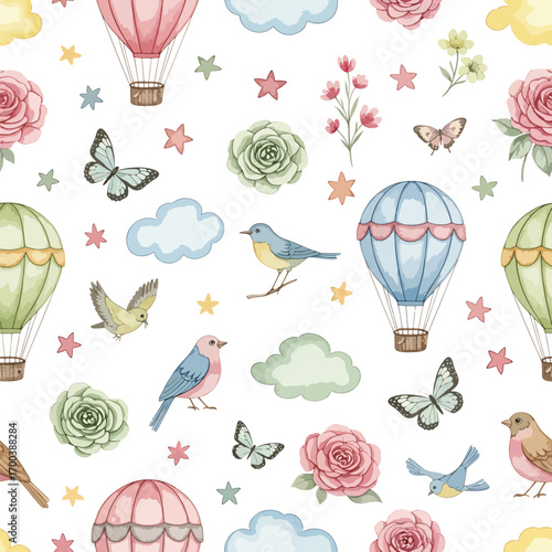 Charming seamless pattern featuring hot air balloons, birds, flowers and butterflies, seamless pattern, Stock royalty free image.