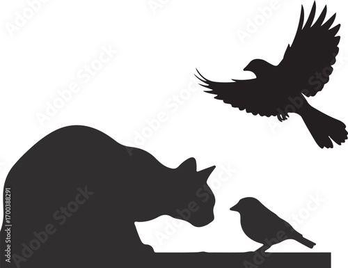 Predator and Prey Silhouettes: Cat and Birds
