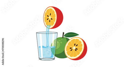 Juicing fresh citrus fruits for a healthy refreshing drink poured into a clear glass with water