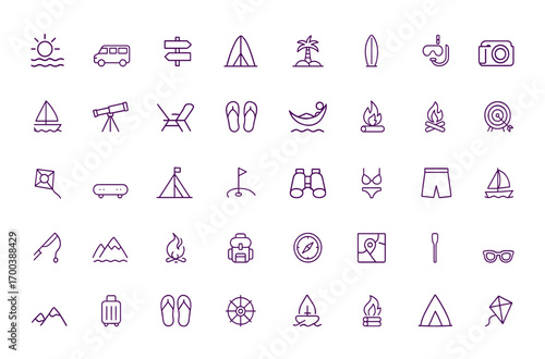 Summer Adventure Vector Icon Set, Travel, Vacation, Leisure and Outdoor Exploration, Camping, Beach, Surfing, Snorkeling, Photography, Telescope, Yacht, Fun Holiday Activities, Scenic Journey
