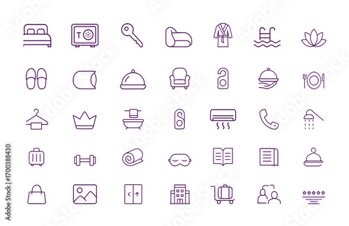 Hotel Amenities Icon Set, Vector Illustration, Adjustable Line Weight, Bed, Key, Safe, Robe, Pillow, Slippers, Spa, Pool, Room Service, Dining, Comfort, Luxury, Hanger, Travel, Resort, Reservation