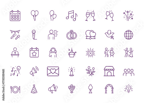 Event Celebration Planning Icon Set, Party Festival Wedding Anniversary, Balloons Music Decoration Microphone Organizer Vector Illustration, adjustable line weight, birthday ceremony corporate