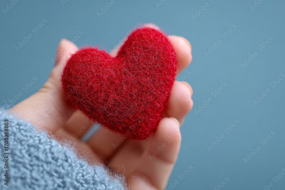 Fototapeta premium A close-up view of a small, fluffy red heart-shaped object held gently in a hand, against a soft, muted blue background.
