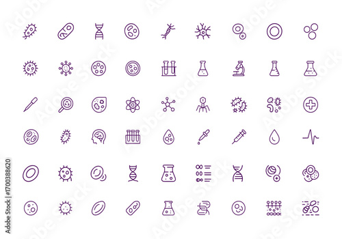Biology Science Icon Set Vector, Microbiology, DNA, Virus, Cells, Neurons, Chromosomes, Stem Cells, Blood Cells, Leukocyte, Erythrocyte, Thrombocyte, Medical, Laboratory, Research, Genetics