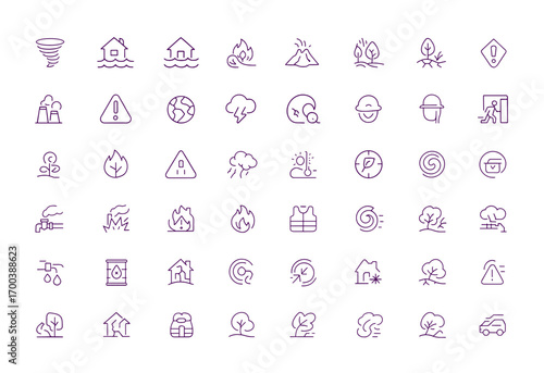 Emergency Disaster Vector Icon Set, Adjustable Line Weight, Flood, Earthquake, Tornado, Wildfire, Tsunami, Volcano, Drought, Storm, Landslide, Hazard, Crisis, Climate, Pollution, Warning, Safety
