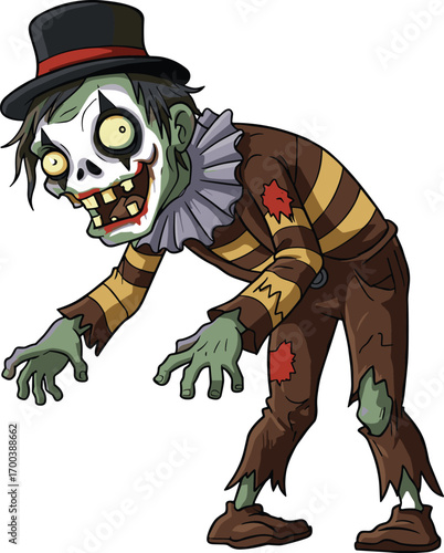 Creepy zombie mime with skull makeup, tattered costume, horror clown character, undead performer for Halloween, spooky cartoon illustration design