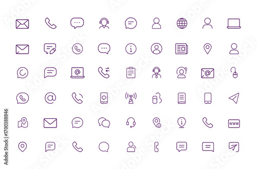 Contact icons set, communication, mail, phone, chat, message, consultation, address, location, global, online, call center, email, support, technology, mobile, laptop, user, vector, illustration