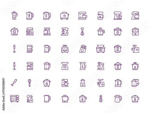 Kitchen Appliance Vector Icon Set, Compact Blender, Coffee Machine, Electric Kettle, Toaster, Microwave, Mixer, Food Processor, Steamer, Instant Pot, Waffle Maker, Meat Grinder, Scales