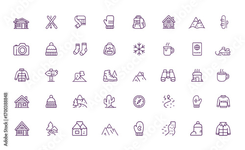 Winter Vacation Icon Set, Cozy Cabin, Skis, Scarf, Mittens, Fireplace, Mountain Lodge, Sled, Camera, Socks, Travel Gear, Snowflake, Outdoor Adventure Icons, Vector Line Art, Hiking, Hot Cocoa