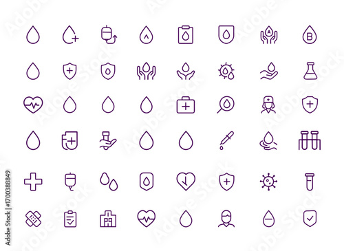 Blood drop icon set, health vector with adjustable line weight, donation, transfusion, shield, medical care, blood type, heart rate, protection, clinical analysis, laboratory safety, diagnostic