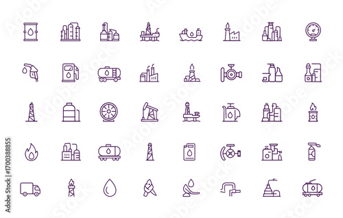 Oil Industry Icon Set Vector, Adjustable Line Weight, Fuel, Refinery, Gas, Pipeline, Tanker, Rig, Factory, Gauge, Nozzle, Transport, Production, Machinery, Energy, Extraction, Industrial, Chemical