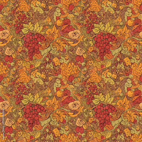 Autumnal pattern of grapes, leaves, and roses in warm earthy tones background, seamless pattern, Stock royalty free image.