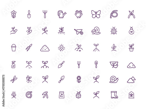 Gardening Vector Icon Set, Plant, Flower, Shovel, Rake, Watering Can, Gloves, Boots, Butterfly, Hose, Pruner, Soil, Bloom, Growth Tools, Compost, Leaf, Wheelbarrow, Spade, Trowel, Fork, Bug