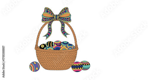 A woven basket overflowing with colorful decorated easter eggs tied with a festive bow awaiting springtime celebration