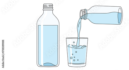 Clear water is poured from one bottle into a clean glass with refreshing bubbles showing the purity and clarity of the liquid