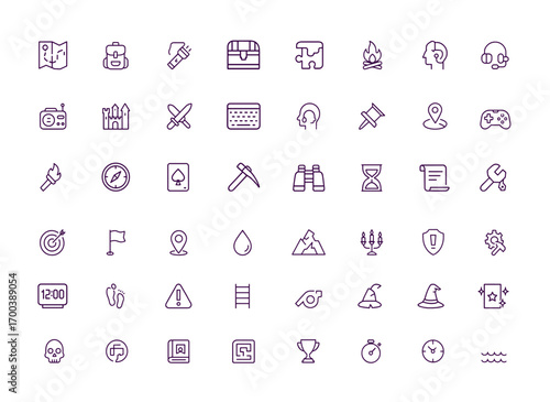 Adventure Game Icon Set Vector, Adjustable Line Weight, Map, Backpack, Flashlight, Treasure, Puzzle, Shovel, Fire, Camera, Radio, Castle, Knife, Keyboard, Headset, Logic, Survival Exploration Icons