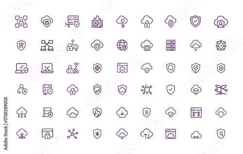 Cloud security vector icon set with server protection, blockchain, firewall, cloud computing, secure access, cyber defense, storage, IT network, data transmission, web hosting, data center