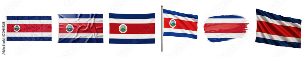 Naklejka premium Costa Rica flag set including flat, wavy, on pole, and brushstroke styles isolated. National symbol and country representation.