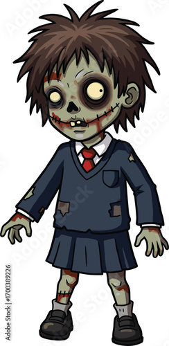 Creepy zombie schoolgirl in uniform with undead skin and scars, spooky Halloween character design for horror cartoon illustration themes