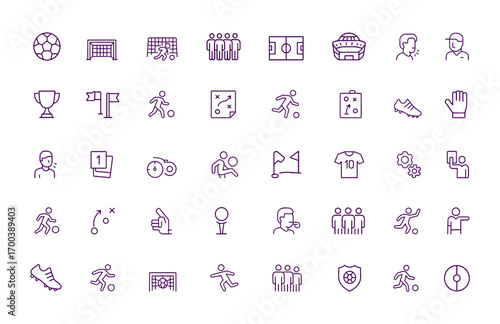 Soccer Icon Set, Vector Illustration, Adjustable Line Weight, Ball, Goal, Player, Team, Field, Stadium, Referee, Coach, Trophy, Match, Kick, Tactics, Sports Symbols, Football Graphic Elements