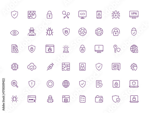 Cybersecurity Vector Icon Set, Adjustable Line Weight, Shield, Padlock, Firewall, Password, Encryption, VPN, Privacy, Hacker, Malware, Data Protection, Internet Safety, Security Illustration