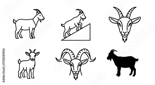 Goat Icons Collection Line Art and Silhouette Representations