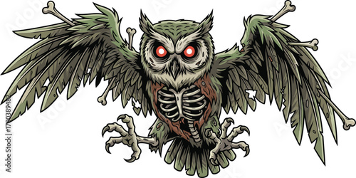 Creepy zombie owl with glowing red eyes, exposed ribs, broken bones in wings, flying menacingly, perfect for horror and Halloween.