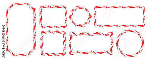 Set of Christmas candy cane figure frames with red and white stripes. Drawing of striped Christmas candy canes . New Year template with space for text .Vector illustration isolated on white background