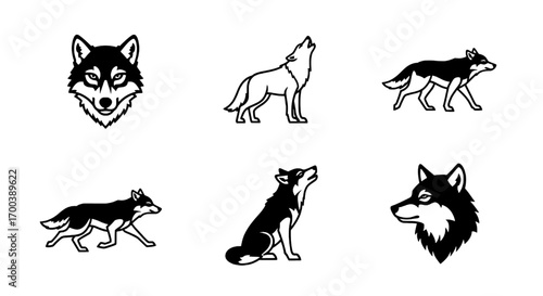 Collection of Silhouette Wolf Illustrations in Various Poses