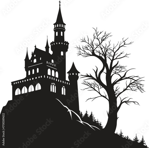 Vector illustration of a medieval European castle on a hill, with an ancient town and gothic cathedral