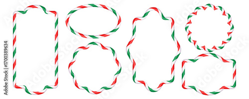 Christmas wavy candy cane frames with red white and green candy stripes. Christmas striped candy canes for text decoration. Christmas design elements. Isolated vector.