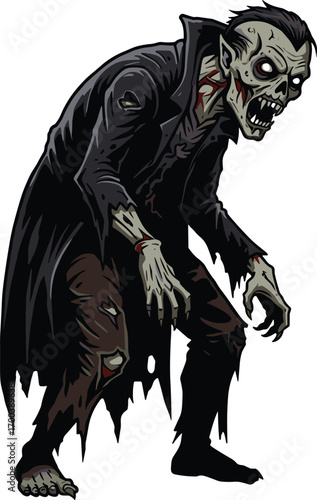 Creepy zombie vampire with torn black cloak, undead horror monster, fang-bearing undead creature, scary Halloween character illustration for design
