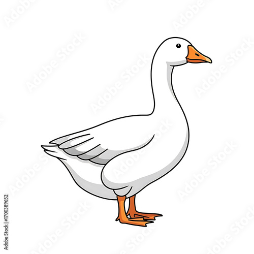 Cute white goose standing, side profile cartoon illustration of a farm animal, isolated on white background, vector.